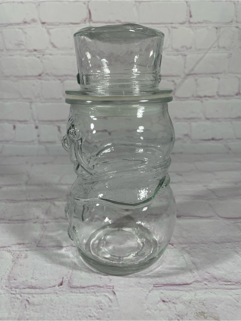 Vintage Libbey of Canada Clear Glass Snowman with Top Hat Lidded Jar Container - Picture 6 of 10